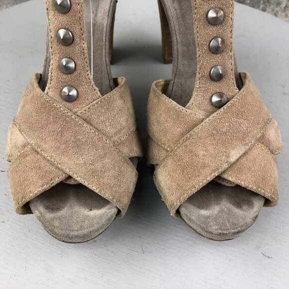 Janet Sport Women's Size 38 Brown Open Toe Studded Back Zip High Heel Sandals - Picture 4 of 13